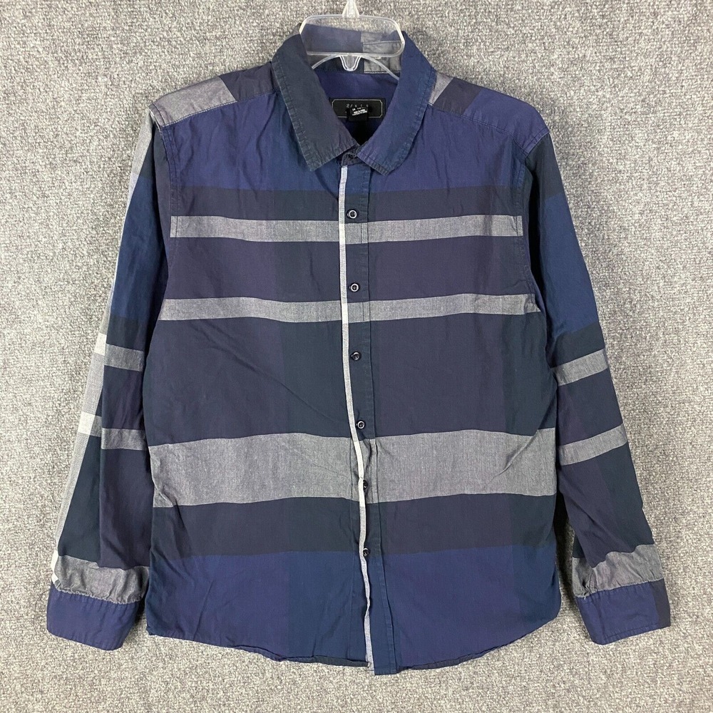 21 Men Button Up Shirt Men's Large Fitted Long Sleeve Striped Navy Blue Cotton L